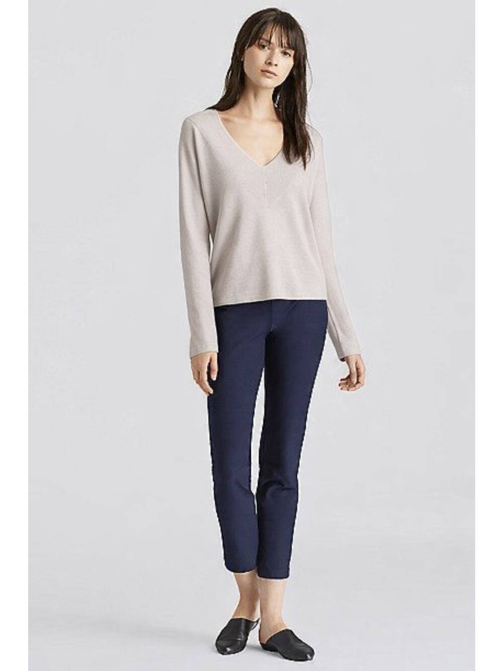 Eileen Fisher Womens Sweater PL Petite V-Neck Oatmeal Boxy Neutrals Tencel Silk